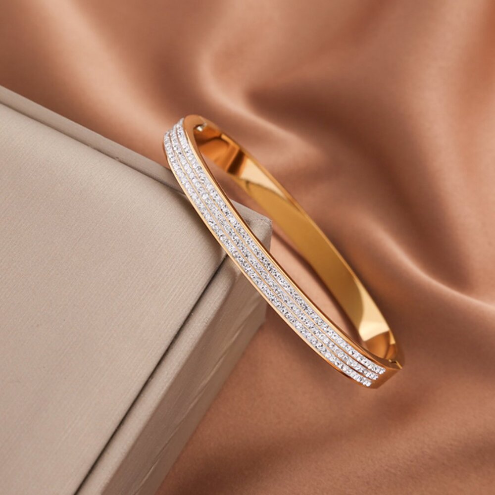 18K Gold Plated Zircon Crystal Bangle Bracelet | High-Quality Stainless Steel